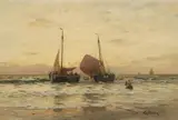 Eugen Dücker, Coastal View with Sailing Boats Landing