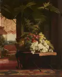French School, 19th century, Salon Scene with a Howea Palm