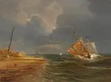 Théodore Gudin, Coastal Landscape with Sailing Boats on Choppy Seas