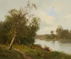 Adolf Lins, River Landscape with a Fisherman, Oil on canvas (relined)