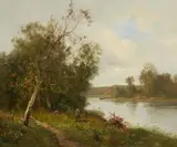 Adolf Lins, River Landscape with a Fisherman, Oil on canvas (relined)