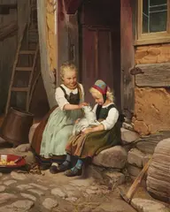 Franz Meyerheim, Two Peasant Girls with a Cat, Oil on canvas (relined)