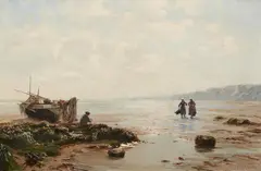 Eduard Spörer, Breton Coastal Scene with a Fisher and Mussel Gatherers, Oil on canvas