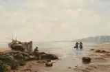 Eduard Spörer, Breton Coastal Scene with a Fisher and Mussel Gatherers, Oil on canvas