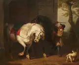 Edmond Jean-Baptiste Tschaggeny, Horses by a Stable, Oil on panel