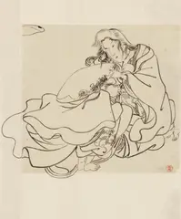 Kuniyoshi Utagawa, Utagawa Kuniyoshi (1797-1861), Two drawings in ink on thin paper. a) Ôban, part of triptych. Ladies in waiting and a prince. Signed: Ichiyûsai Kuniyoshi ga. Censors: Hama, Magome. b)