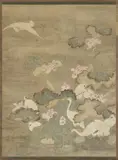 Nine herons by a lotus pond. Hanging scroll. Ink and colour on paper. Inscribed Yuan Zhang Song Yan and titled: Hehua bailu tu (Lotus blossoms and white herons). by Anonymer Maler des 19. Jh., Nine herons by a lotus pond. Hanging scroll. Ink and colour on paper. Inscribed Yuan Zhang Song Yan and titled: Hehua ba, sold Dec 2017