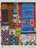 Die Hüte tragen die japanischen Kaiser by Friedensreich Hundertwasser, 1987, Colour wood cut on paper, sold Dec 2017