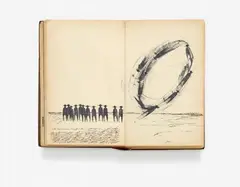 Gerhard Richter, Untitled (Comic Strip), 1962, Bound book of 145 pages with pen and ink drawings, stampings and ornamental lettering on paper. Overall 209 sheets, partially from 2 up to 7 sheets pasted together, each India ink, partially double-sided, isolatedly collaged on paper, of which 53 sheets in white. Card cover with plastic covering in wood imitation. Vignette mounted on lid