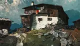 Oskar Mulley, Gebirgshof, Oil on canvas