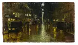 Lesser Ury, Nächtliche Straßenszene (Leipziger Straße?), Berlin, 1925, Oil on canvas on card, mounted on wood