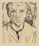 Max Beckmann, Selbstbildnis von vorn, im Hintergrund Hausgiebel, 1918, Kaltnadel auf Velin