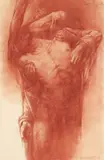 Luis Caballero Holguin, Untitled (Deposition from the cross), 1983, Drawing in red chalk, washed, on laid paper, mounted on canvas