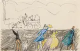 Lyonel Feininger, Alte Dampflokomotive mit Zuschauern (Old Steam Locomotive and Spectators), 1909, Pen and ink, coloured chalks and graphite on paper
