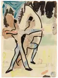 Bogenschützen auf dem Wildboden by Ernst Ludwig Kirchner, Circa 1935 - 1937, Watercolour and India ink over pencil on squared sketch book paper with rounded corners on the right and watermark "BIBE, sold Dec 2017