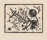 Holzschnitt für die Ganymed-Mappe by Wassily Kandinsky, 1924, Woodcut in black on textured laid paper with watermark (signum and "ADVERTISER'S TEXT"), sold Dec 2017