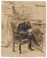 Selbstbildnis des Künstlers – Ehemals „Ex Libris Heinrich Tramm“ by Max Liebermann, Circa 1922-1935, Pen and ink drawing on chamois-coloured drawing paper, sold Dec 2017