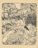 Otto Mueller, Waldsee mit drei badenden und einem sitzenden Mädchen 2, 1918, Lithografie auf Japan, mit Aquarell und Farbkreide koloriert