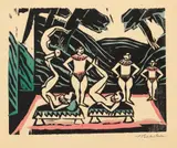 Max Pechstein, Akrobaten III (Varietészene), 1912, Colour woodcut, stencil-coloured, on wove paper with blind stamp "DIE SCHAFFENDEN"