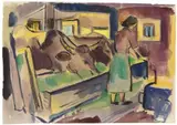 Fritz Schaefler, Kuhstall, 1926, Watercolour, brush and India ink and pencil drawing on laid paper, mounted verso in the upper corners by the artist on support paper "Montgolfier"