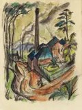 Paul Adolf Seehaus, Kleine Fabrik, 1915, Mixed media (watercolour and charcoal) on thin Japan laid paper