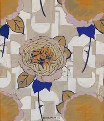 Victor Servranckx, Projet de papier peint (Tapestry design with rose), 1922, Gouache resp. tempera over pencil on thin parchment paper, mounted on card support of mat. The lateral margins each with collage of narrow coloured paper strips 66.4 x 56.8/