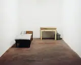 Ricarda Roggan, Bett, Tisch und Eimer, 2002, Chromogenic print, face-mounted to plexiglass