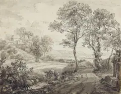 Josef Rebell, Southern Landscape with a Well, Brown ink and was
