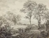Josef Rebell, Southern Landscape with a Well, Brown ink and was