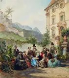 Pierre (Hericus Theodorus) Tetar van Elven, Tsarina Alexandra Feodorovna and her Retinue in Nice, 1855, Watercolour