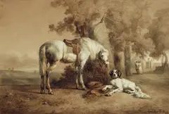 Henry Van Ingen, Landscape with a Saddled Horse and Hunting Dog, Watercolour