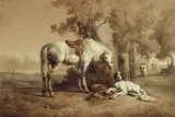 Henry Van Ingen, Landscape with a Saddled Horse and Hunting Dog, Watercolour