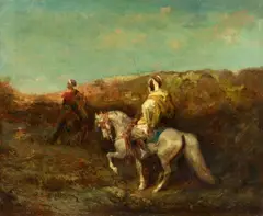 Two Arabian Horsemen by Adolf Schreyer, Oil on canvas (relined), offered Nov 2017