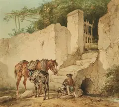 Wouter Verschuur jr., Resting Horse and Donkey in the South of France, Watercolour