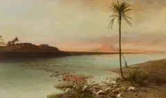 Wilhelm Gentz, Egyptian Nile Landscape with Flamingoes and Pelicans, Oil on canvas (relined)