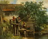 Johann Mari Ten Kate, Old Fisher with his Grandchildren, Oil on panel