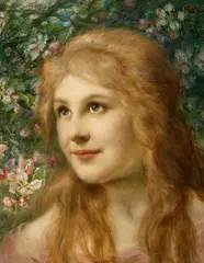 Gabriel von Max, Young Woman in front of Flowers, Oil on canvas