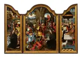 Triptych with the Adoration of the Magi, the Nativity, and the Circumcision of Christ by Jan van Dornicke, called Master of 1518 and studio, Oil on panel. Centre panel, sold Nov 2017