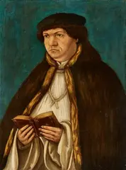 attributed to Albrecht Altdorfer, Portrait of a Cleric holding a Book, Oil on panel