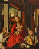 Antwerp School mid-16th century, Maria Lactans with Musical Angels, Oil on panel