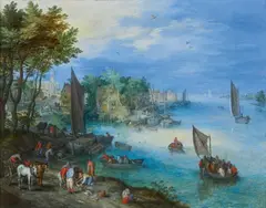 Jan Brueghel the Elder, River Landscape with Fishers and a Cart, Oil on copper (with marks of Pieter Stas)