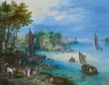 Jan Brueghel the Elder, River Landscape with Fishers and a Cart, Oil on copper (with marks of Pieter Stas)
