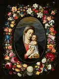 The Virgin and Child in a Floral Wreath by Jan Brueghel the Younger Jan van Balen, Oil on panel (parquetted), offered Nov 2017