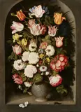 Ossias Beert, Vase of Flowers in a Stone Niche, Oil on panel