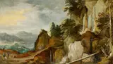 Joos de Momper, Mountainous Landscape with a Waterfall and Travellers