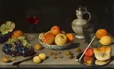 Floris van Dyck, Still Life with Grapes, Apples, Nuts, Olives, Wine Glasses, and a Siegburg Pitcher, Oil on panel (parquetted)