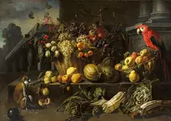 Adriaen van Utrecht, Still Life with Fruits, Vegetable and a Parrot, Oil on canvas (relined)