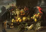 Adriaen van Utrecht, Still Life with Fruits, Vegetable and a Parrot, Oil on canvas (relined)