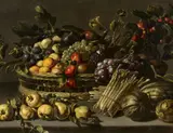 attributed to Adriaen van Utrecht, Still Life with Fruit in a Basket surrounded by Melons, Quinces, and Asparagus, Oil on canvas (relined)