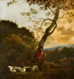 Hunter with a Dog attacking Two Swans by circle of Abraham Hondius, Oil on panel, offered Nov 2017